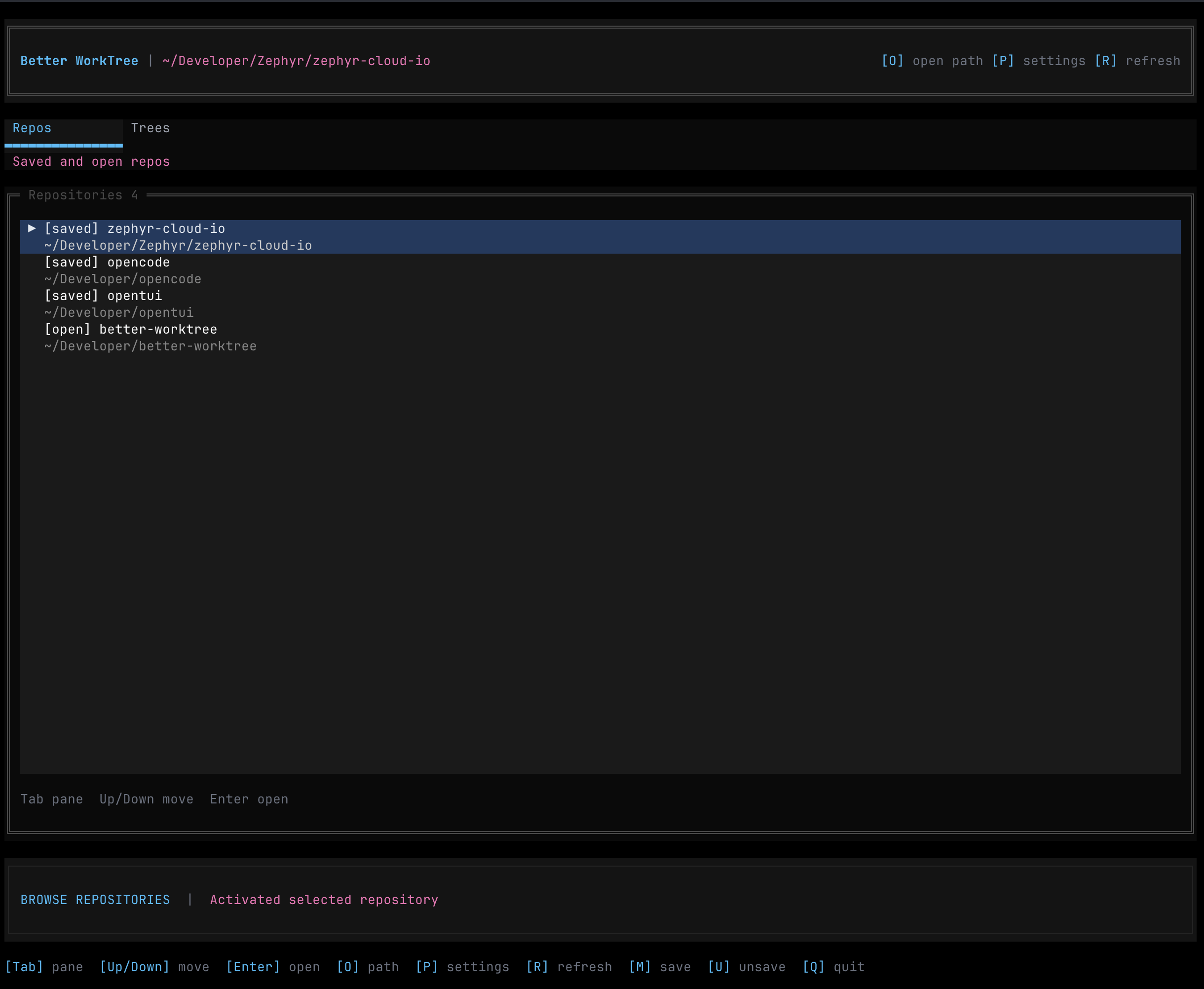 better-worktree TUI showing repositories, worktrees, and commands